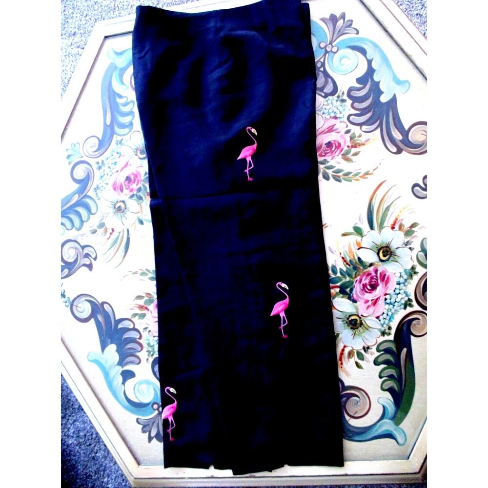 Y2K New Pink Flamingo Embroidered Black Silk Capri Cropped Pants Women's size 2